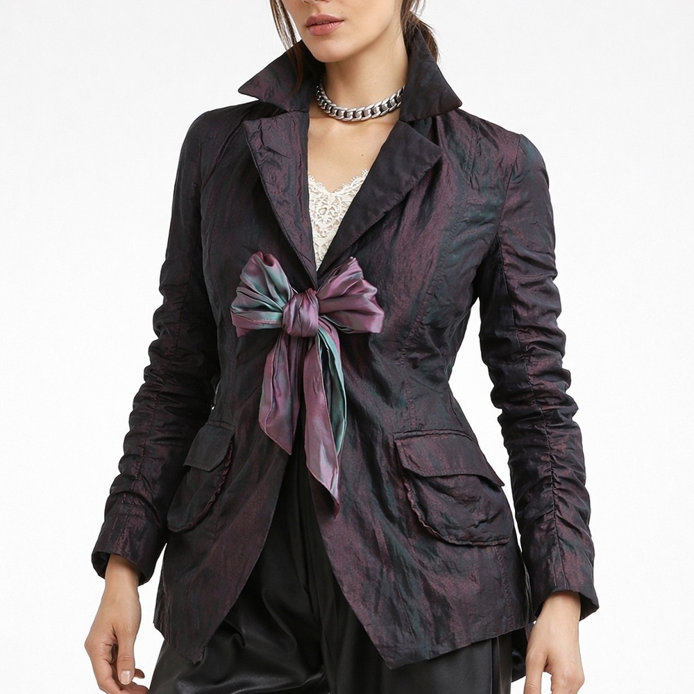 Event Jacket Shot Taffeta Fabrication Sash Front Elegant Evening Purple Black S